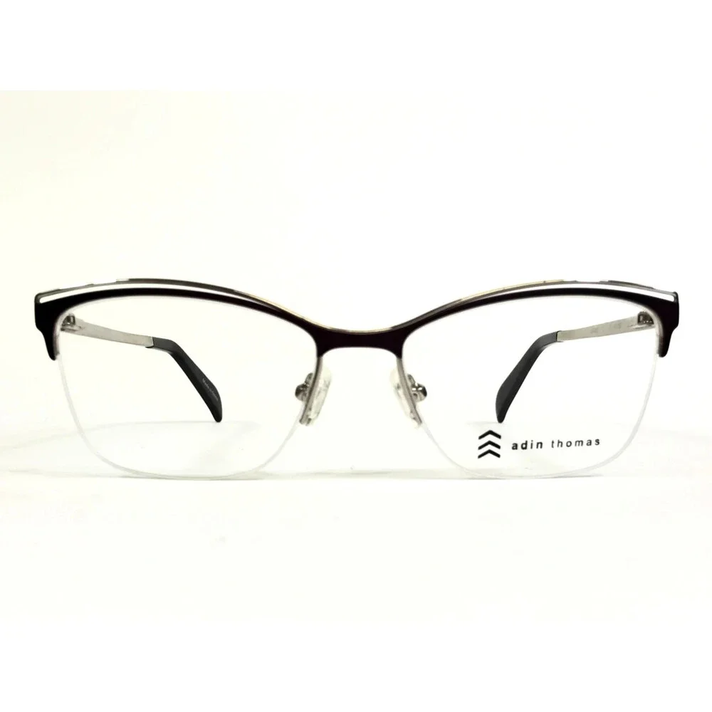 Adin Thomas Eyeglasses Frames AT-426 C3 Purple Silver Cat Eye Half Rim 52-16-135